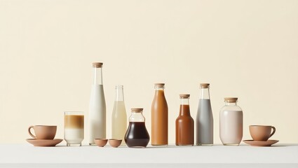 Variety of beverages on a table with bottles and cups in a minimalist setting