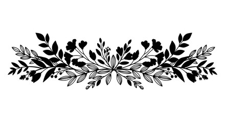 Fototapeta premium Black Floral Botanical Decorative Border with Leaves and Branches – Elegant Nature Inspired Horizontal Ornament Illustration for Wedding Invitations, Certificates and Luxury Branding Designs 