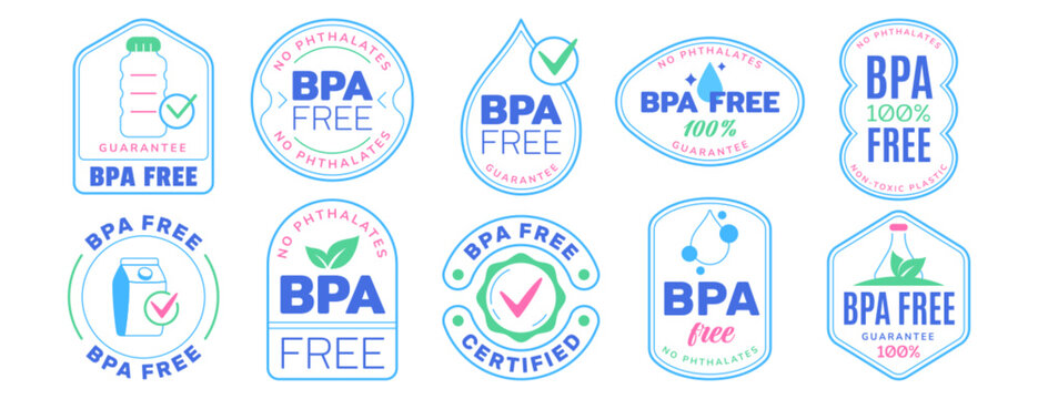 Bpa free guarantee badge logo vector set. No bisphenol and phthalates blue outline icons for health and safety. Eco friendly product label design with water drop, plastic, tick sign. Non toxic sticker