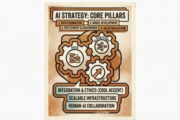 AI strategy core pillars illustrating data foundation model development deployment and governance value realization emphasizing human AI collaboration integration and ethics