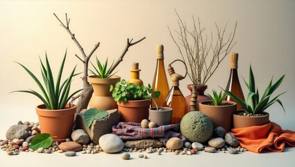Still life composition featuring a diverse assortment of potted plants bottles and rocks on a table with a warm beige background and natural lighting