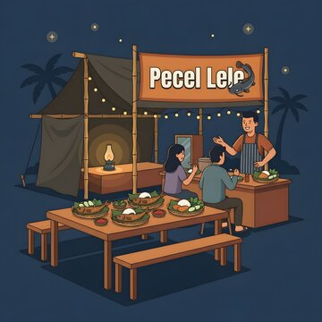 Modern Illustration of a Traditional Pecel Lele Stall