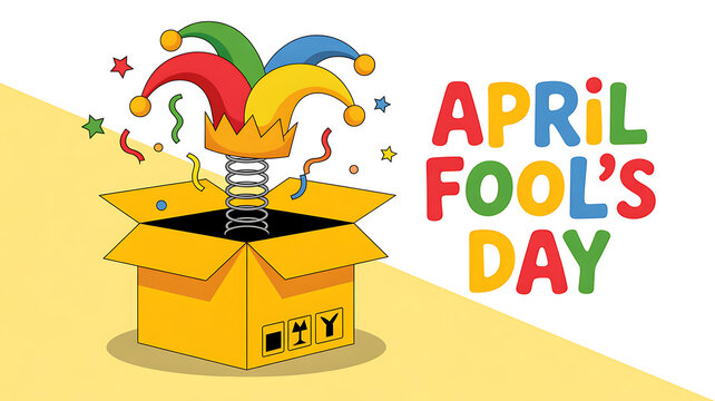 Joyful April Fool's Day concept with a pop-up jack-in-the-box revealing a jester hat, set against a bright white background