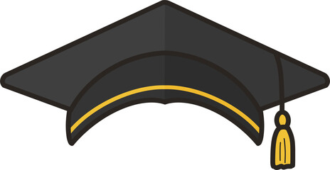 노란색 띠 장식이 있는 검정 학사모