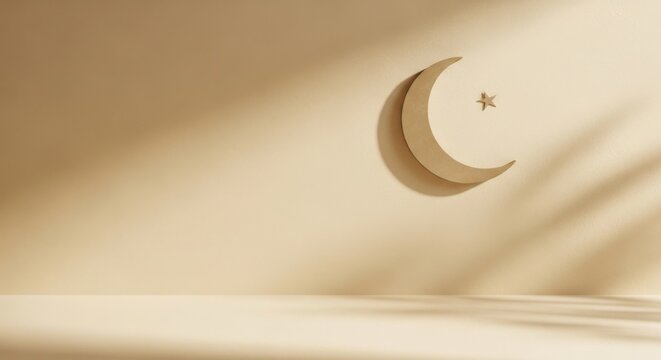 Minimalist 3D render of a golden crescent moon and star against a warm beige wall with dappled sunlight and shadow overlay, creating a serene Ramadan or Eid background.