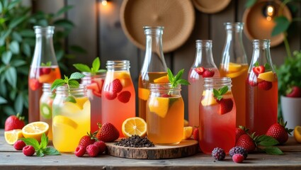 Vibrant iced drinks with fresh fruits and herbs on rustic wooden table in summer setting