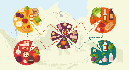 Fototapeta premium Food groups and nutrition concept with map background