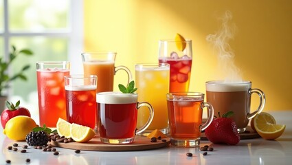 Assorted colorful drinks and fresh fruits on a wooden tray near a sunny window
