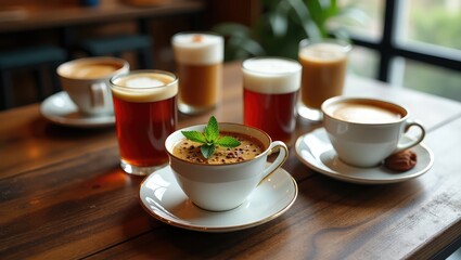 Cozy cafe beverages on wooden table assorted cups and glasses with frothy drinks inviting atmosphere with natural light