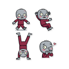 Cartoon zombie characters showing different emotions and actions on white background with copy space