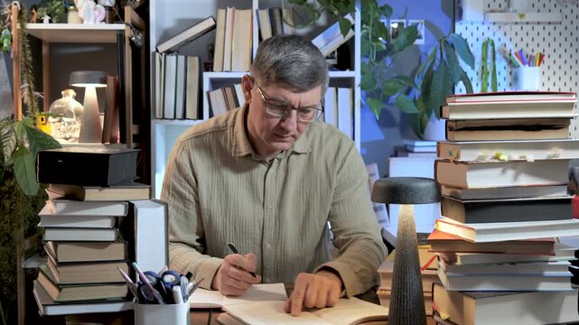 Man studying at desk surrounded by books in home workspace, Adult writing notes during evening learning session in organized indoor environment
