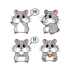Cartoon mouse expressing surprise and curiosity with thought bubbles