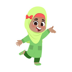 Fototapeta premium Muslim Girl Green Outfit Presenting With One Leg Up
