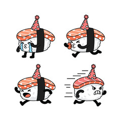 Angry sushi roll character with party hat showing different emotions