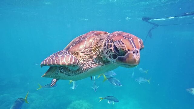green sea turtle (Chelonia mydas) swimming underwater with tropical fish