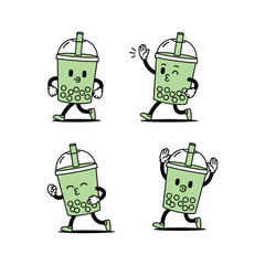 Cartoon bubble tea character dancing with different emotions on white background