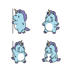 Cartoon unicorn showing different emotions on white background with copy space