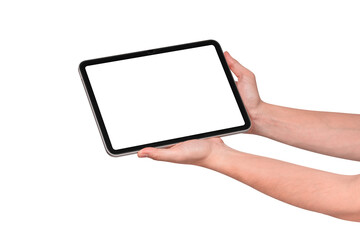 Hand holding modern tablet mockup with blank screen isolated on transparent background. Tablet PC with empty display for copy space.