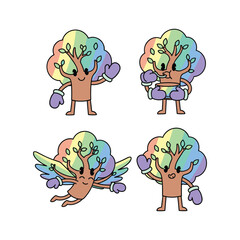 Colorful cartoon broccoli characters dancing with joy and happiness