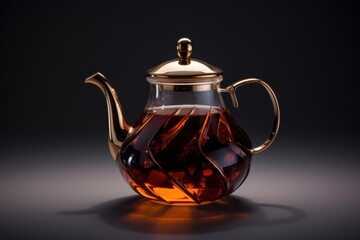 Glass teapot with gold lid, spout and handle, containing brewed black tea, illuminated against a dark background, creating a warm and inviting atmosphere