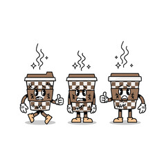 Cartoon coffee cups with different emotions and checkered pattern on white background