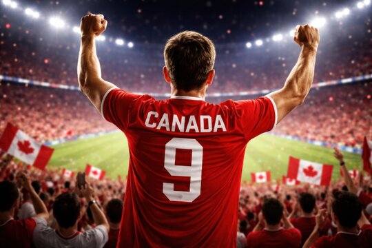 Canadian Male Soccer Fan Celebrating in Stadium
