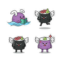 Cartoon sushi characters with different emotions and actions in a minimalist style