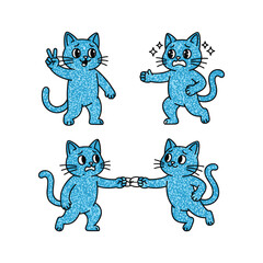Cartoon blue cats showing different emotions and gestures with copy space