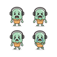 Sad cartoon ice cream character with headphones expressing different emotions