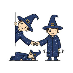 Cartoon wizards helping each other up with copy space