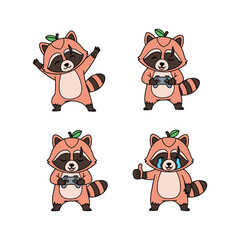 Cute cartoon raccoons showing different emotions and gestures with green leaves on head