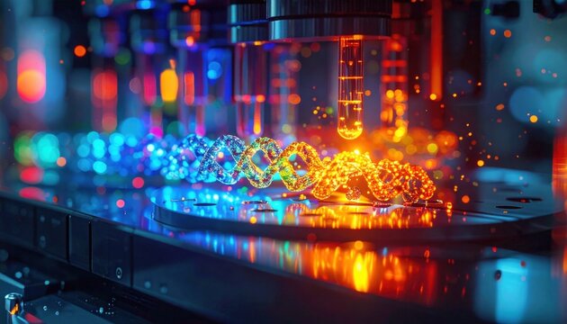 A FlyPro Firefly flow cell in a DNA sequencer with intensely fluorescing immobilized DNA fragments, captured by a professional camera shot, showcasing genetic analysis.
