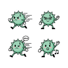 Cartoon virus characters dancing and expressing emotions with copy space