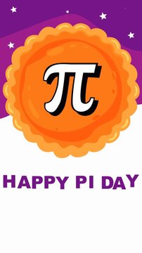 Happy Pi Day background featuring pie with pi symbol on purple backdrop with stars. Perfect for March 14 math celebration, STEM activities, classroom events and educational promotions.