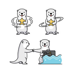 Cartoon seals collaborating and celebrating success with stars in a minimalist style