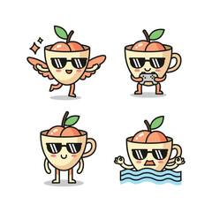 Cartoon peach characters with sunglasses in different poses and emotions