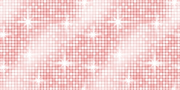 Disco pink glitter with background gold sequin and texture backdrop glam. Dance tile pattern with ball party rose and seamless mosaic retro. Sparkle floor disco with vector bg background