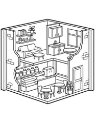 Fototapeta premium Isometric line art of two-story cafe and apartment interior