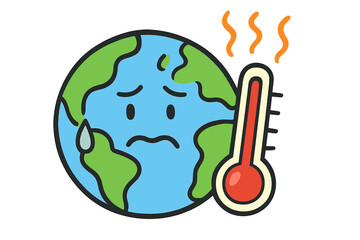 This cartoon graphic depicts a sad planet Earth sweating next to a large thermometer with a high red level, symbolizing the environmental issue of global warming and climate change.