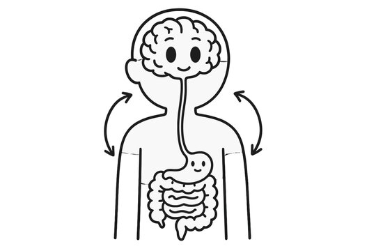 A black and white line art illustration showing a human silhouette with a smiling brain connected to a smiling stomach and intestines, representing the gut-brain axis connection.