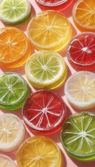 Obraz premium A close up view shows a tempting pile of colorful fruit slice candies coated in sparkling sugar crystals. Red, yellow, orange, and green jelly sweets create a vibrant display, ready to enjoy
