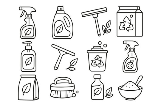 A collection of twelve black and white line art icons representing eco-friendly cleaning supplies, including spray bottles, detergent, brushes, and recycling symbols on a white background.