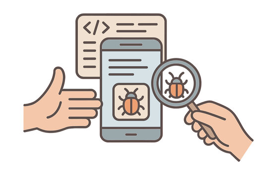 A hand uses a magnifying glass to examine a bug icon on a mobile phone screen, while another hand points at the device against a background of code symbols and lines.