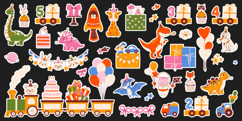 Birthday sticker set for toddlers and preschoolers with dinosaurs, space cat, festive train, gift boxes, balloons. Modern retro flat colorful vector illustration for party planner, decor, scrapbooking © Coxic25