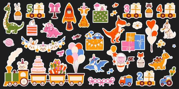 Birthday sticker set for toddlers and preschoolers with dinosaurs, space cat, festive train, gift boxes, balloons. Modern retro flat colorful vector illustration for party planner, decor, scrapbooking
