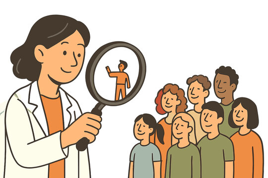 An illustration of a woman in a lab coat holding a magnifying glass over a crowd of people to select one person. It depicts concepts like human resources, hiring, and target research.
