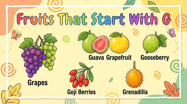 Educational illustration showcasing six different fruits that start with the letter G, including Grapes, Guava, Grapefruit, Gooseberry, Goji Berries, and Grenadilla
