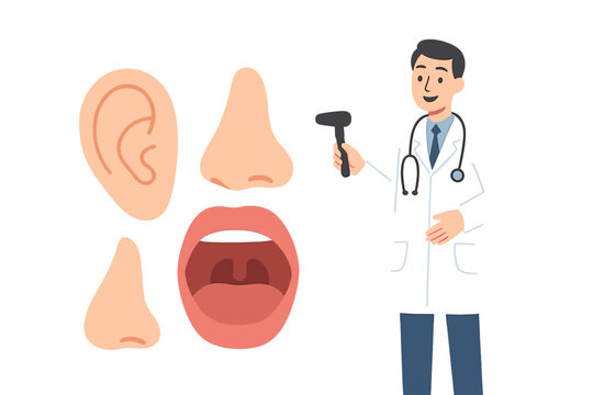 This medical illustration features a male doctor holding a reflex hammer alongside anatomical diagrams of an ear, nose, and throat, representing an otolaryngology checkup.