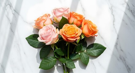 Fototapeta premium Soft Pastel Rose Bouquet on Marble Surface with Sunlight Shadows