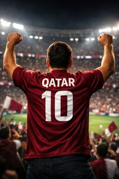 Qatari Male Soccer Fan Celebrating in Stadium
